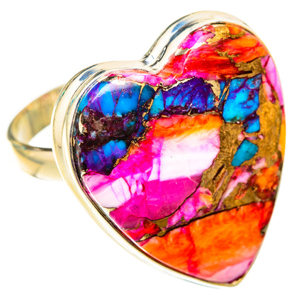 Sterling silver heart ring with multicolor opal-like stone in blue, pink, and orange.