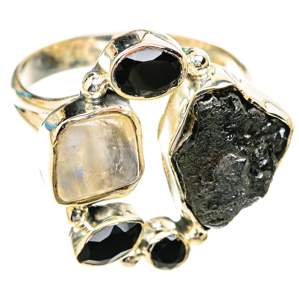 925 sterling silver ring with rough black stone, faceted black oval, and pale iridescent square