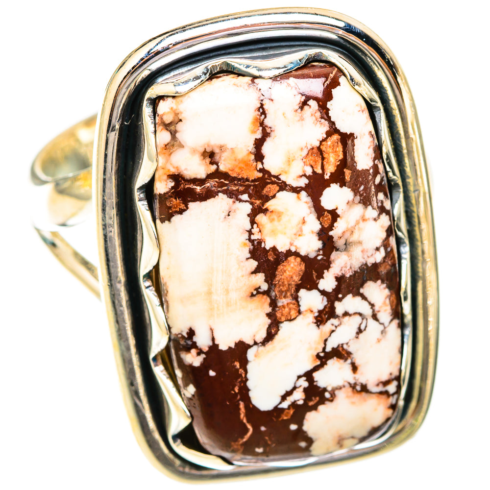 Sterling silver ring with Wild Horse jasper cabochon, white and dark brown marbled stone