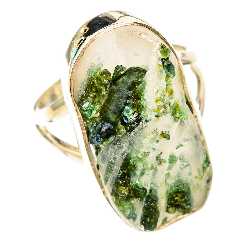Oval 925 sterling silver ring with clear quartz and vivid green tourmaline clusters