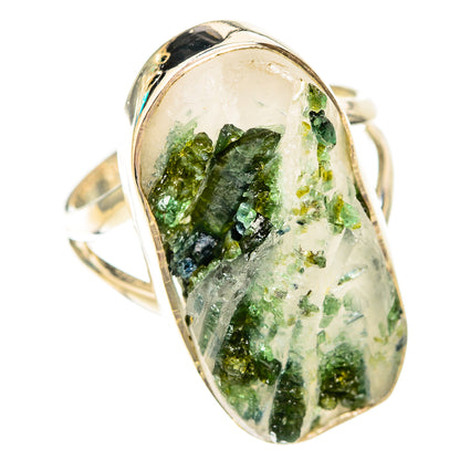 Oval 925 sterling silver ring with clear quartz and vivid green tourmaline clusters