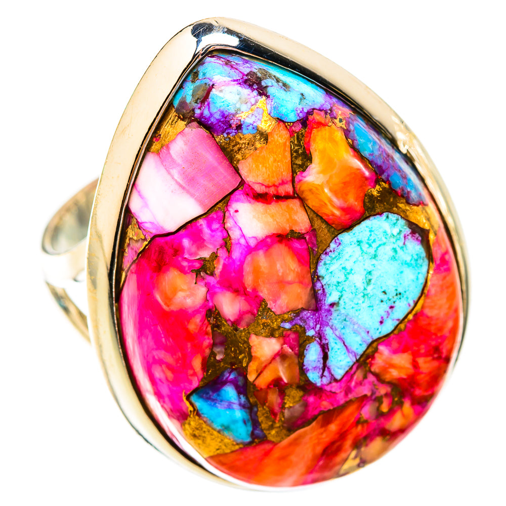 Sterling silver ring with large multicolor gemstone mosaic oval cabochon