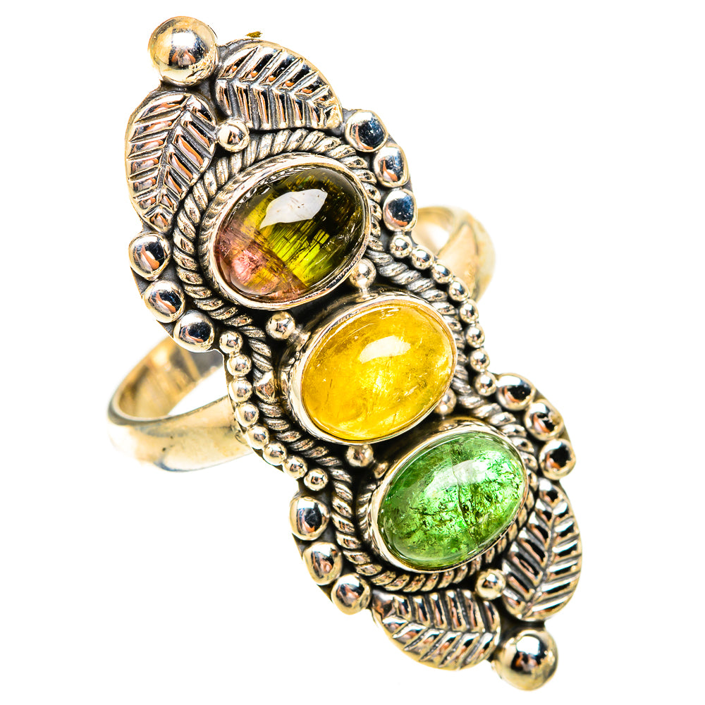 Natural tourmaline ring size 9 in 925 sterling silver, green and yellow oval stones plus red