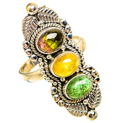 Natural tourmaline ring size 9 in 925 sterling silver, green and yellow oval stones plus red