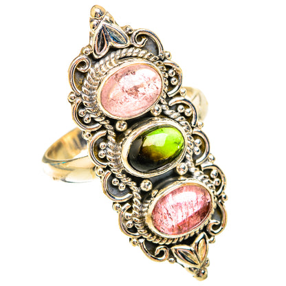 Sterling silver tourmaline ring with three oval cabochon stones: pink, green, pink