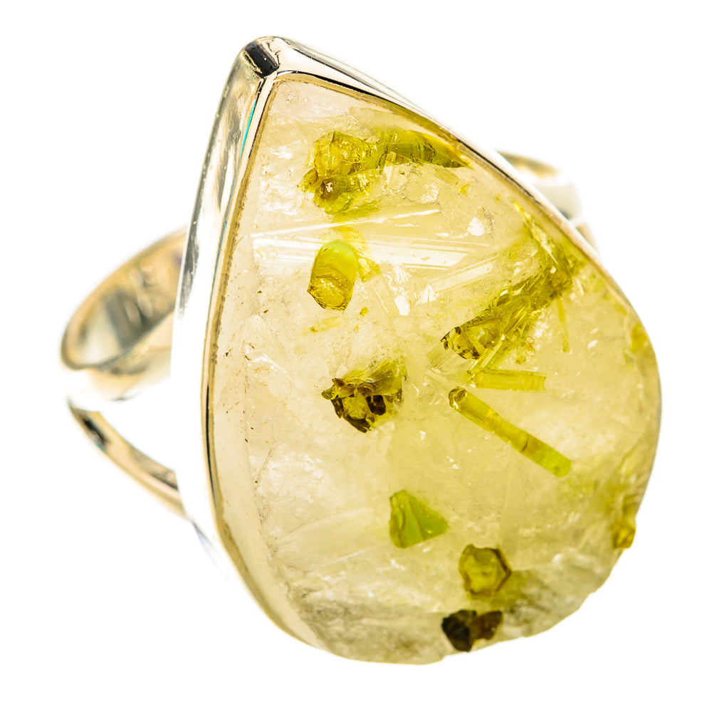 Oval green tourmaline-in-quartz sterling silver ring with raised bezel setting