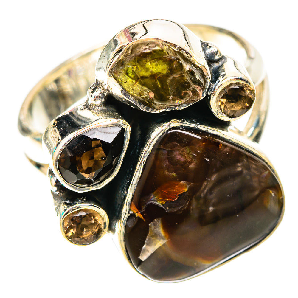 Sterling silver ring with smoky brown oval gemstone and gold round faceted stones
