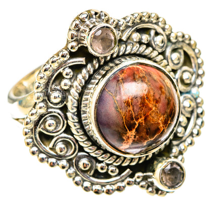 Sterling silver statement ring, round jasper cabochon with engraved scrollwork bezel