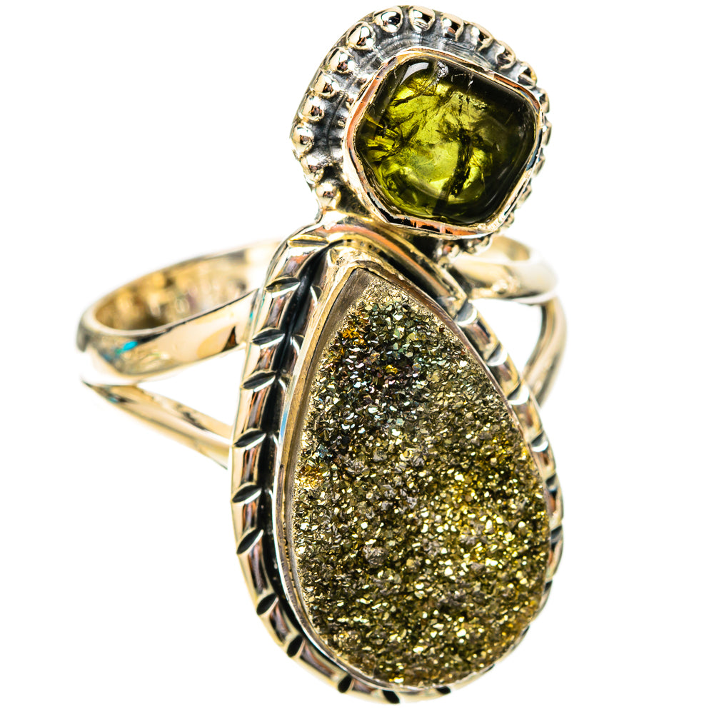 925 sterling silver druzy ring with olive green bezel and gold textured oval stone