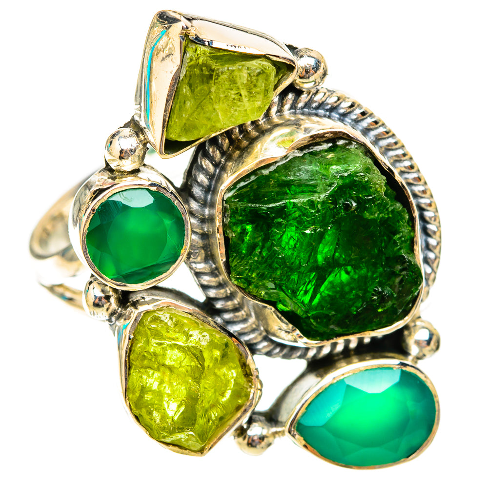 Sterling silver green gemstone statement ring with oval and pear-cut bezels