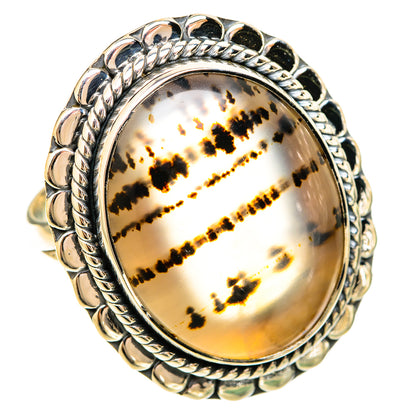 Sterling silver ring with oval Montana agate, rope bezel and dark dendrite pattern