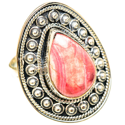 Teardrop rhodochrosite sterling silver ring with beaded halo setting