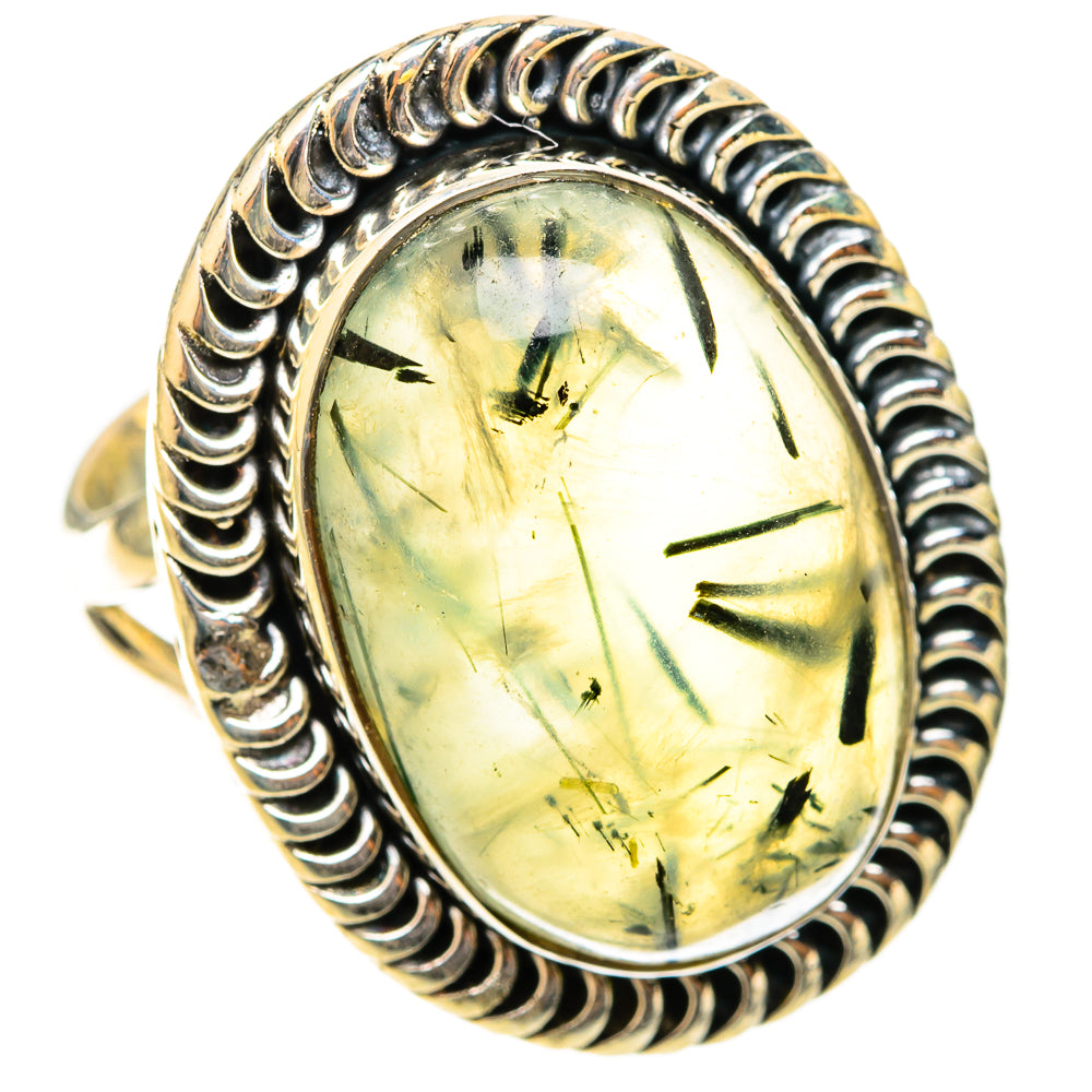 Oval prehnite cabochon ring in 925 sterling silver with green-gold glass center