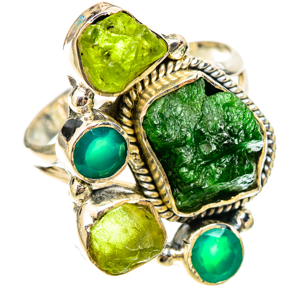 Sterling silver ring with large rough green peridot, rope settings, and teal round stones