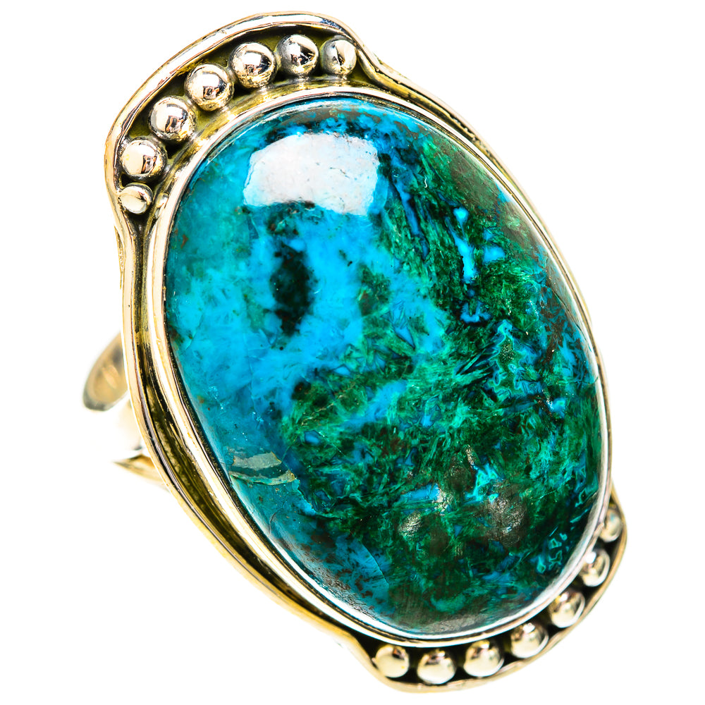 Oval malachite and chrysocolla stone ring in 925 sterling silver, turquoise-green bezel