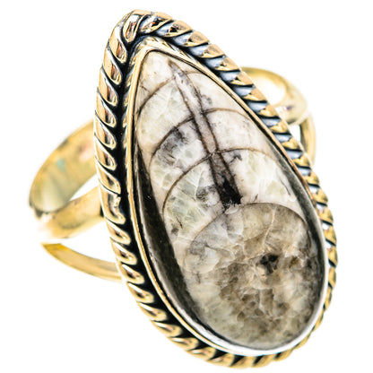 Large oval fossil orthoceras ring, sterling silver with ornate twisted band