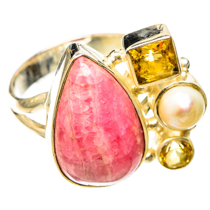Sterling silver ring with pink rhodochrosite pear stone, citrine, and cultured pearl