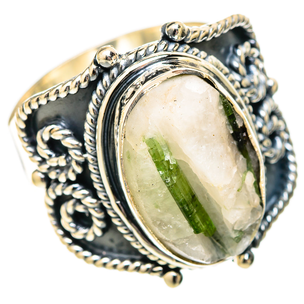 Oval tourmaline-in-quartz ring in sterling silver, rope bezel with decorative prongs