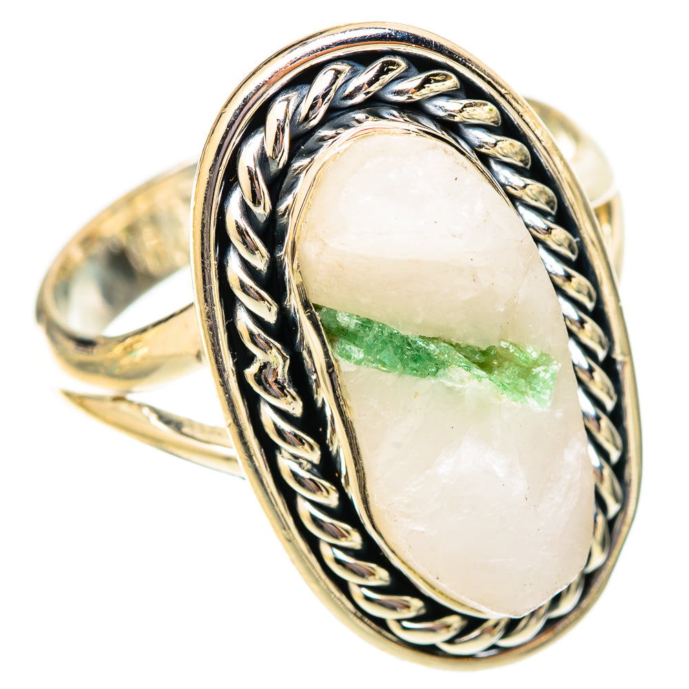 Green tourmaline in quartz oval statement ring with braided rope-style silver setting