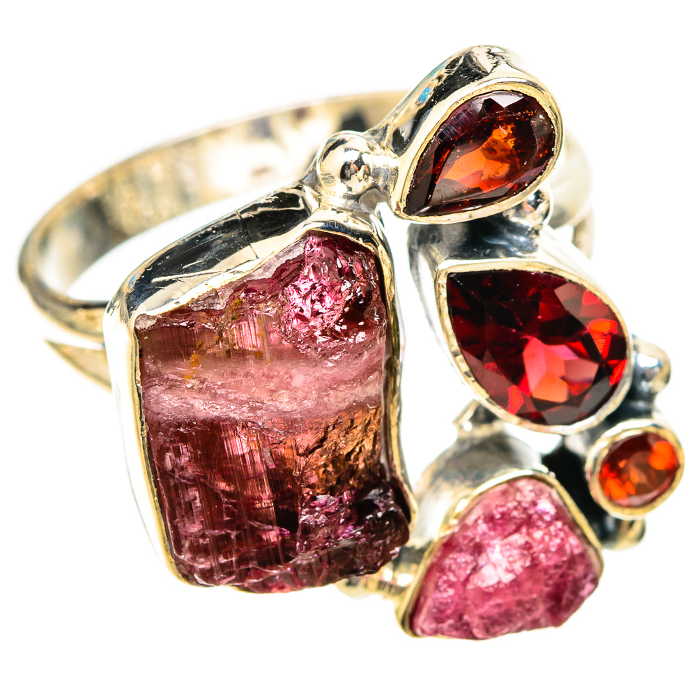 925 sterling silver ring with rough pink and red gemstones and round red accents
