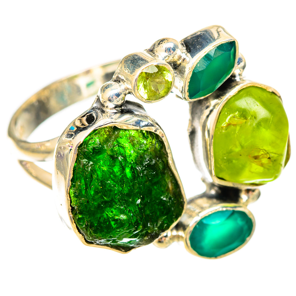 Rough green gemstone ring in 925 sterling silver, side view of multiple irregular stones