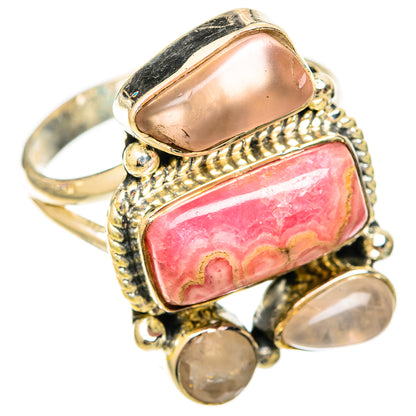 Sterling silver ring with rectangular pink rhodochrosite center and four rose quartz accents