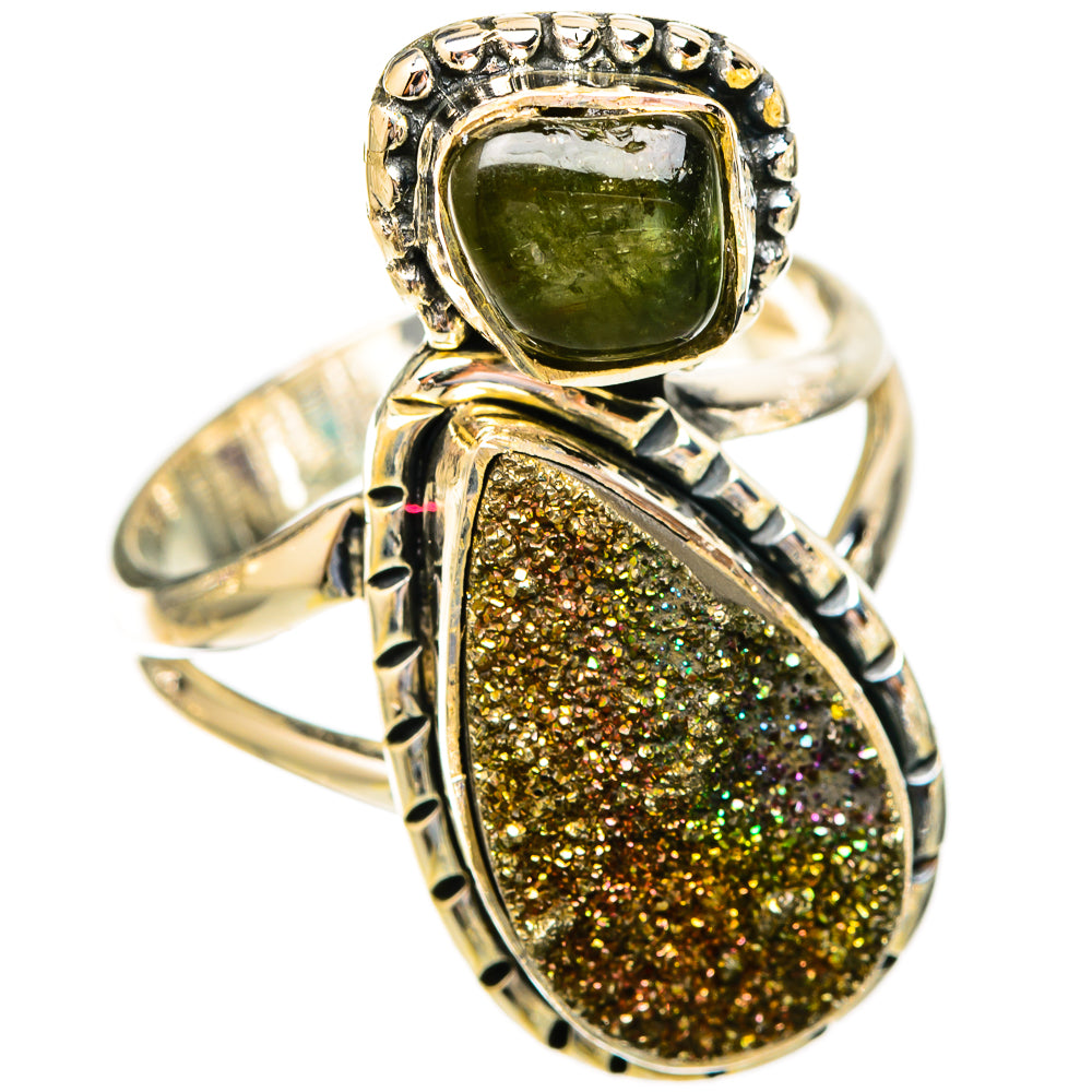 Sterling silver ring with bezel-set green stone and oval gold-speckled druzy