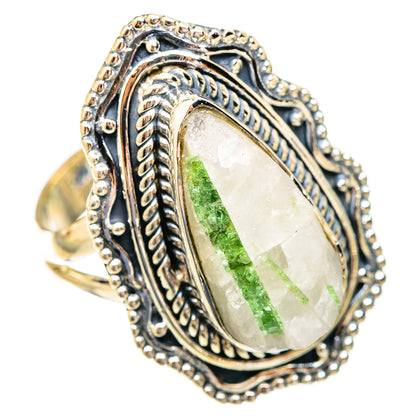 Oval quartz tourmaline ring in 925 sterling silver, green stripe, ornate border, size 8