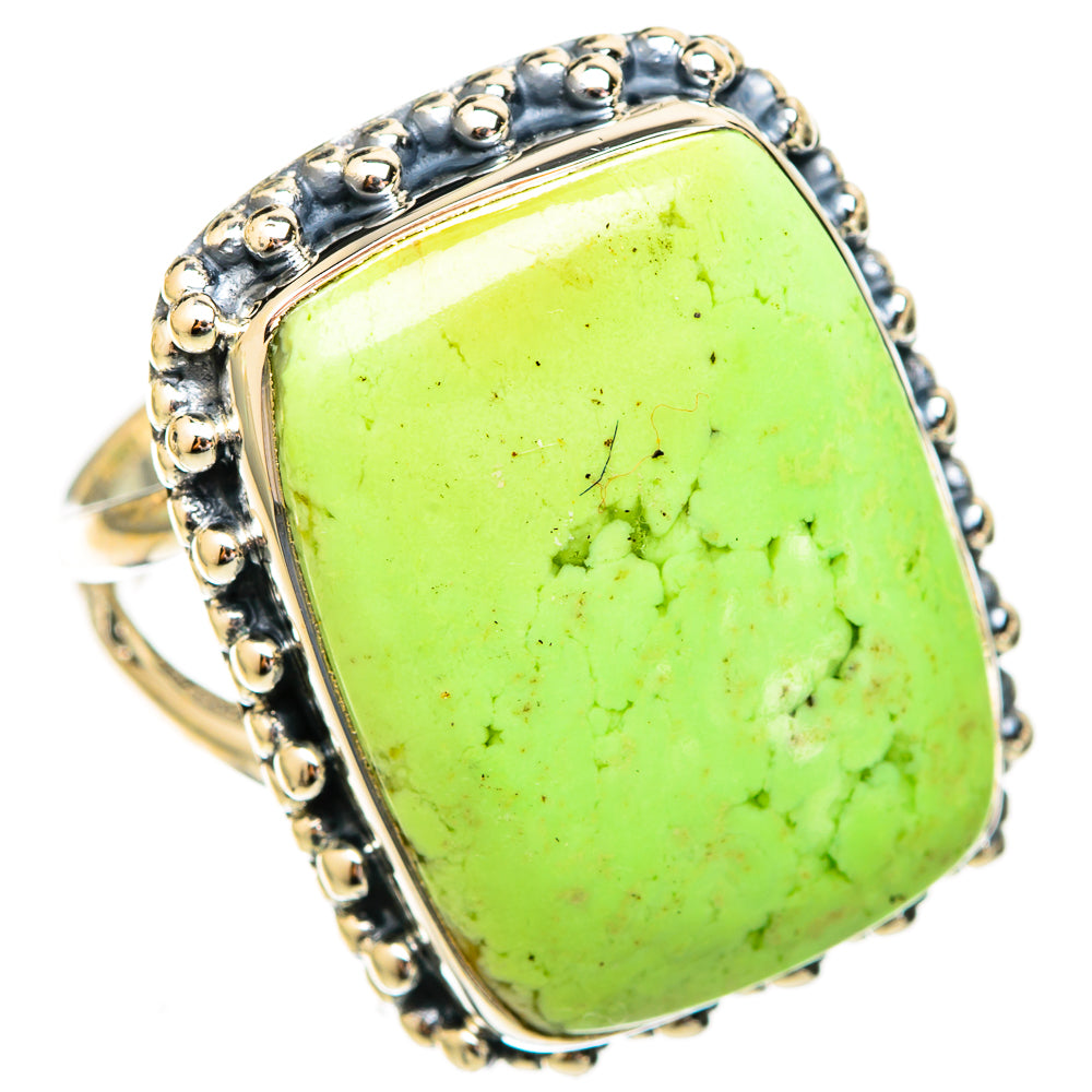 Chrysoprase gemstone ring, green rectangular cabochon with silver bead halo, size 7.5