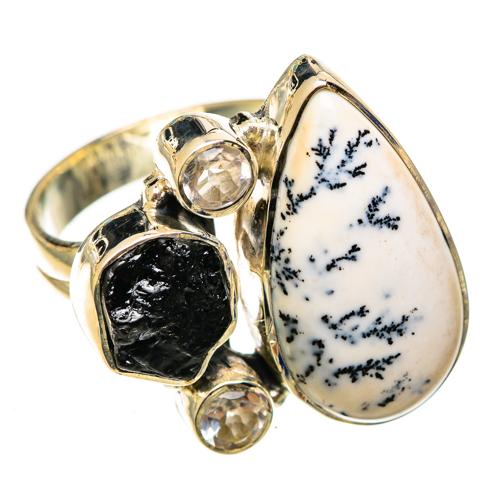 Sterling silver ring with teardrop white dendritic stone and black tourmaline