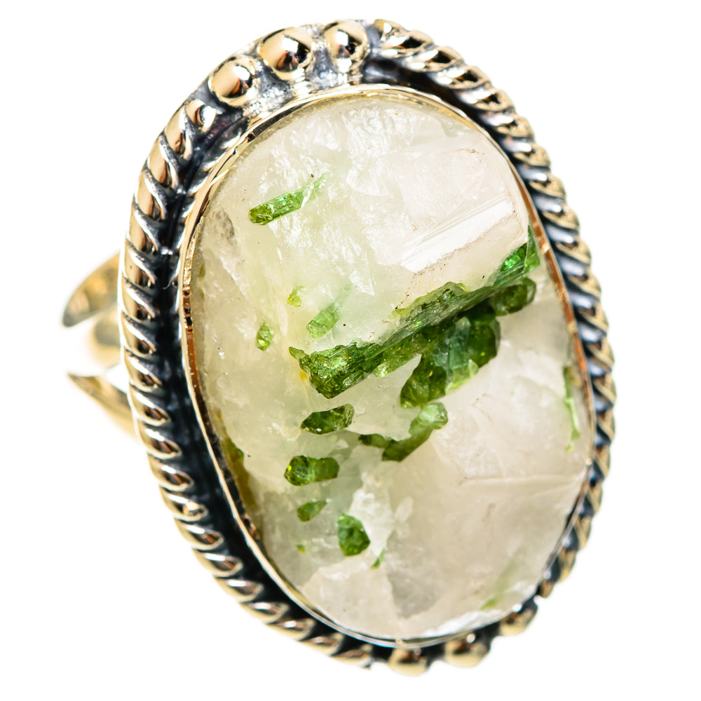 Oval silver ring with bezel-set green tourmaline crystals in clear quartz, size 6.75