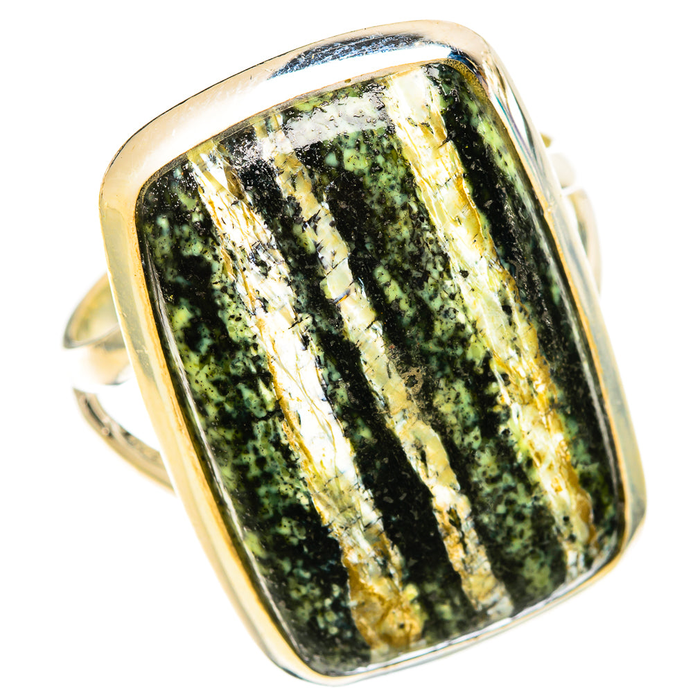 Sterling silver ring showing large green opal rectangle cabochon and open band