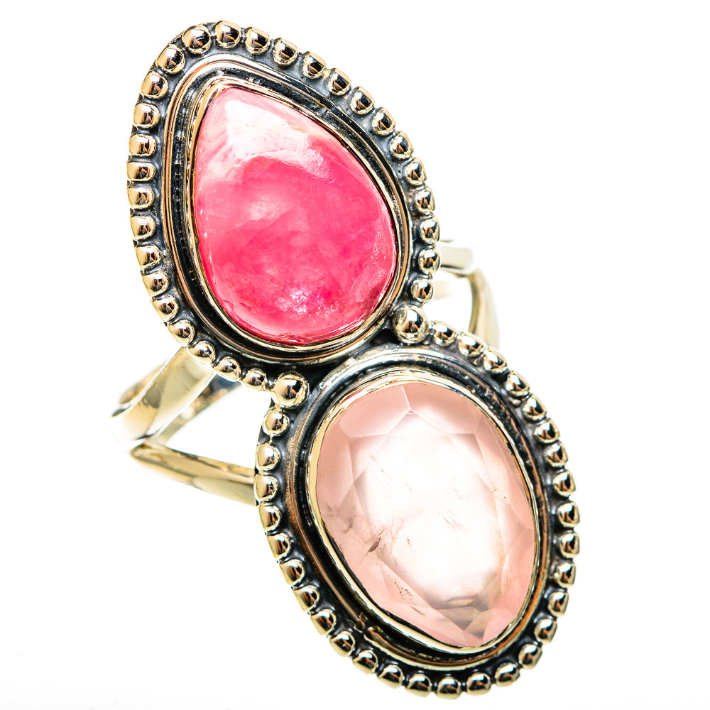 Double-stone oval ring in 925 silver, rose quartz bottom and rhodochrosite top