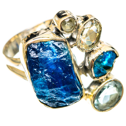 Sterling silver gemstone ring with rough blue stone and round clear accents, oval settings