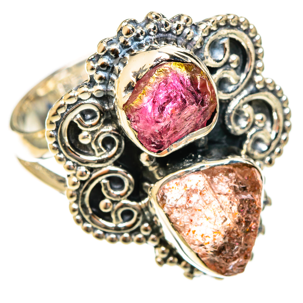 925 sterling silver rough tourmaline ring with pink center stone and side stone, ornate setting