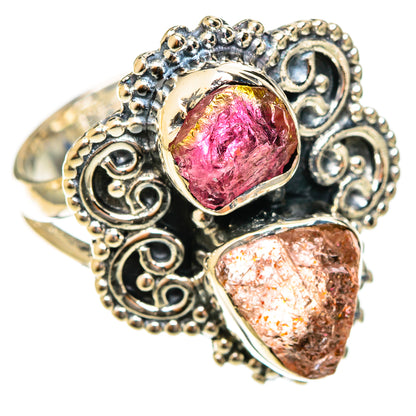 925 sterling silver rough tourmaline ring with pink center stone and side stone, ornate setting