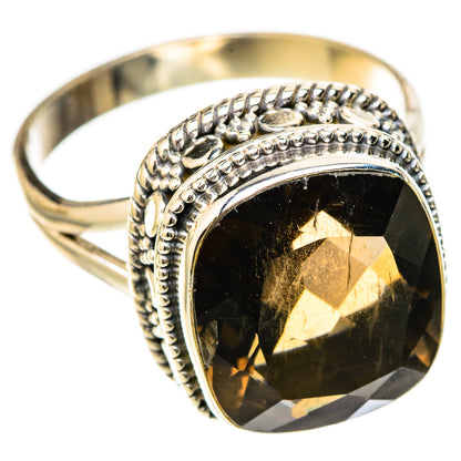 Smoky quartz 925 sterling silver ring with braided band and dark round gemstone bezel
