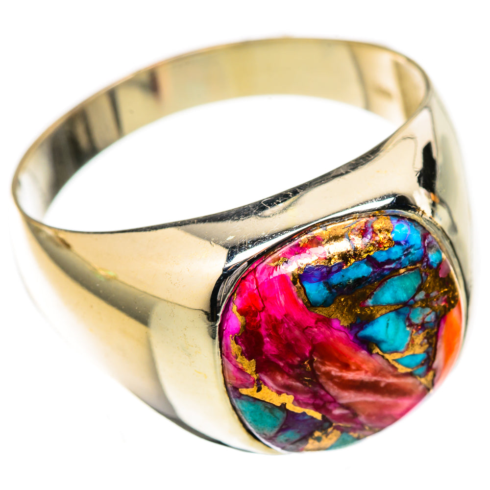 Sterling silver band ring with colorful oval turquoise-and-pink gemstone inlay