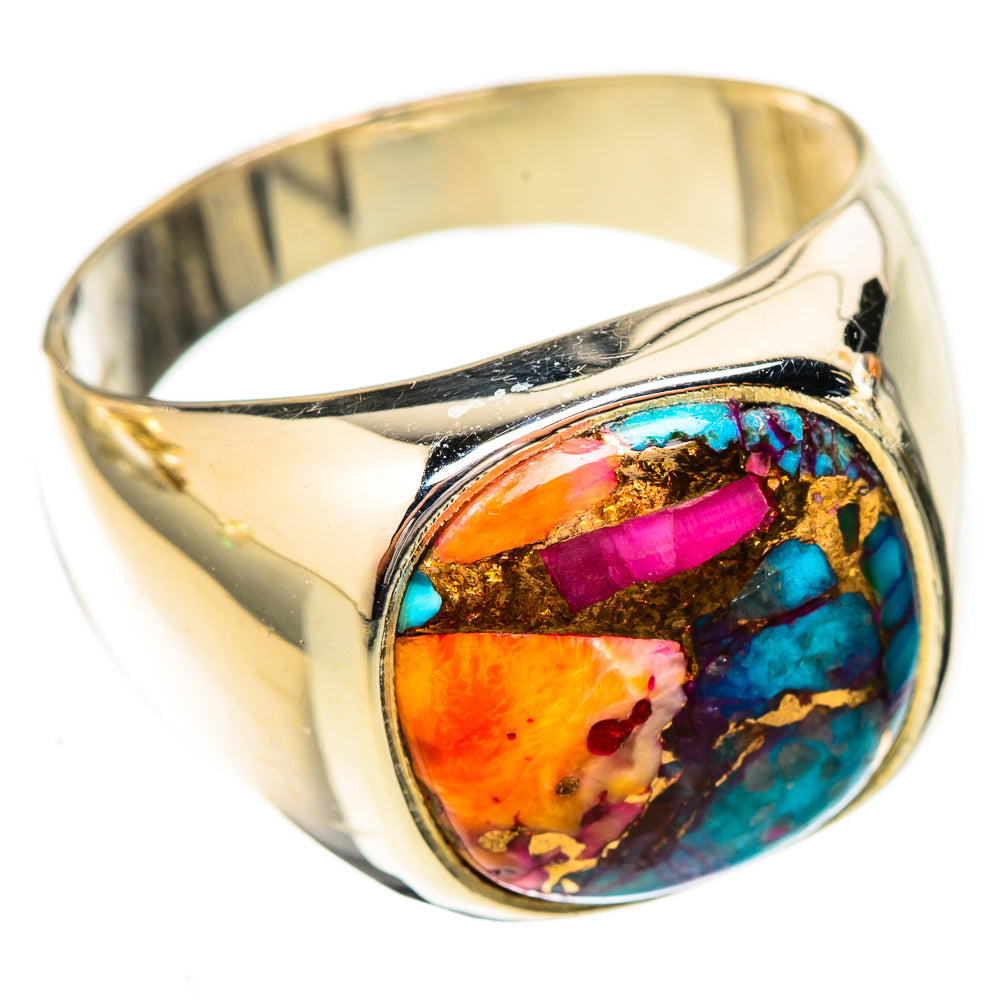 Sterling silver oval gemstone ring with turquoise, orange, pink cabochon