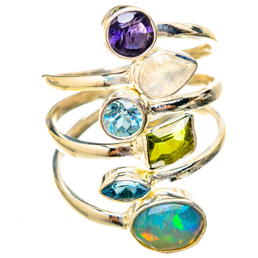 Stacked sterling silver ring with purple, light blue, green, and iridescent opal stones