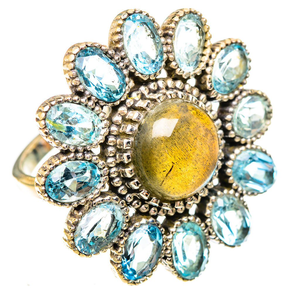 Labradorite and blue topaz ring, oval stones in gold-toned halo, size 8.25