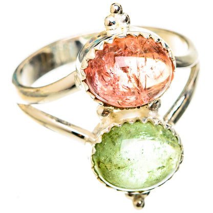Sterling silver ring featuring a pink oval stone above a green oval stone, prong-set