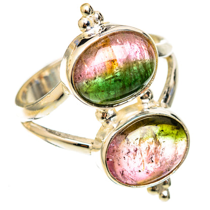 Sterling silver ring with two oval watermelon tourmaline cabochons and prong details