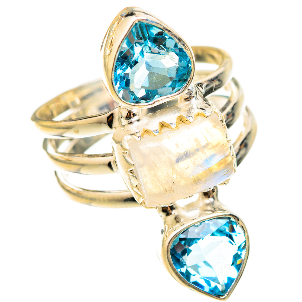 Sterling silver ring with heart and oval blue topaz stones plus pale opal center