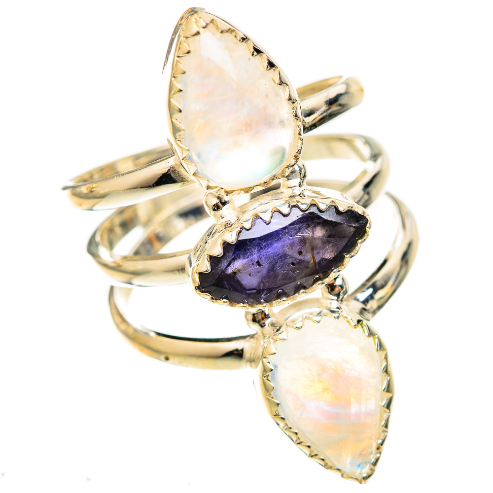 Three-stone 925 silver ring with oval opalescent moonstones and purple tanzanite center
