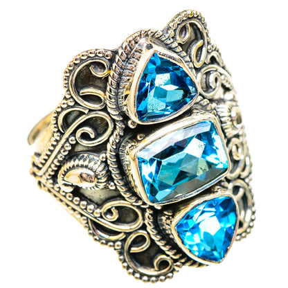 925 sterling silver ring with three blue topaz teardrop stones and filigree bezel