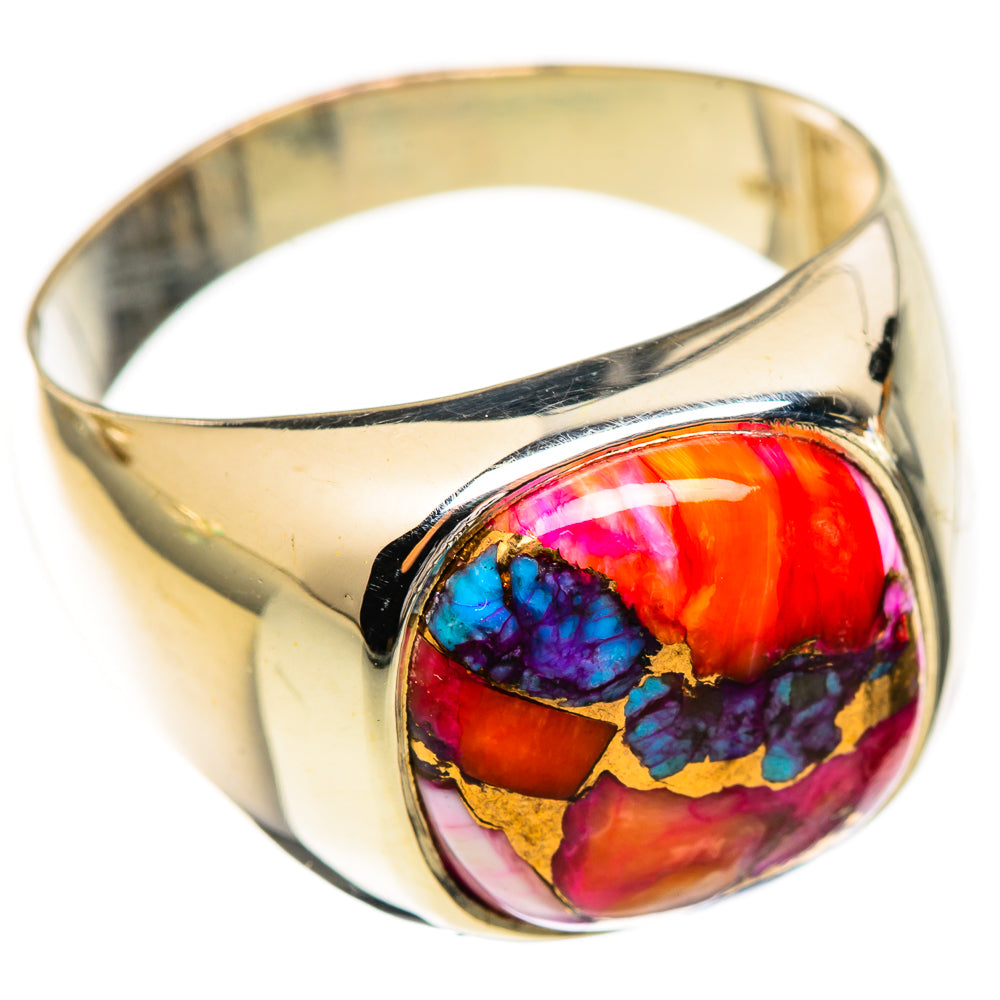 Sterling silver ring with oval multicolor gemstone cabochon and polished band, side view
