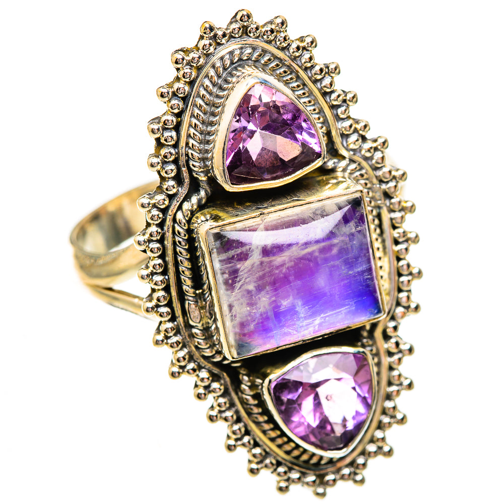 Sterling silver ring with purple rectangular stone, top and bottom purple teardrop stones