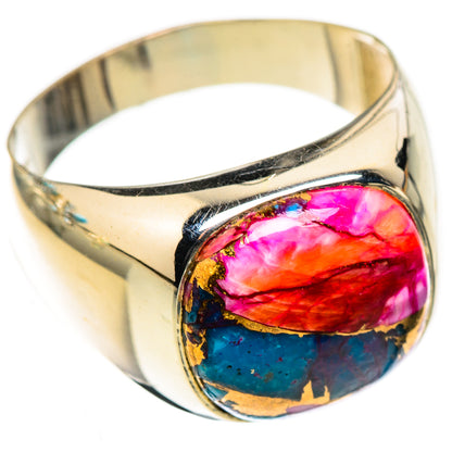 Polished metal ring with oval multicolor inlay, pink blue orange and gold trim