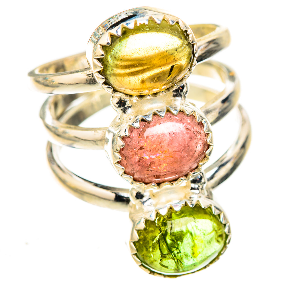 925 sterling silver three-stone tourmaline ring with oval green, pink, and yellow gems.